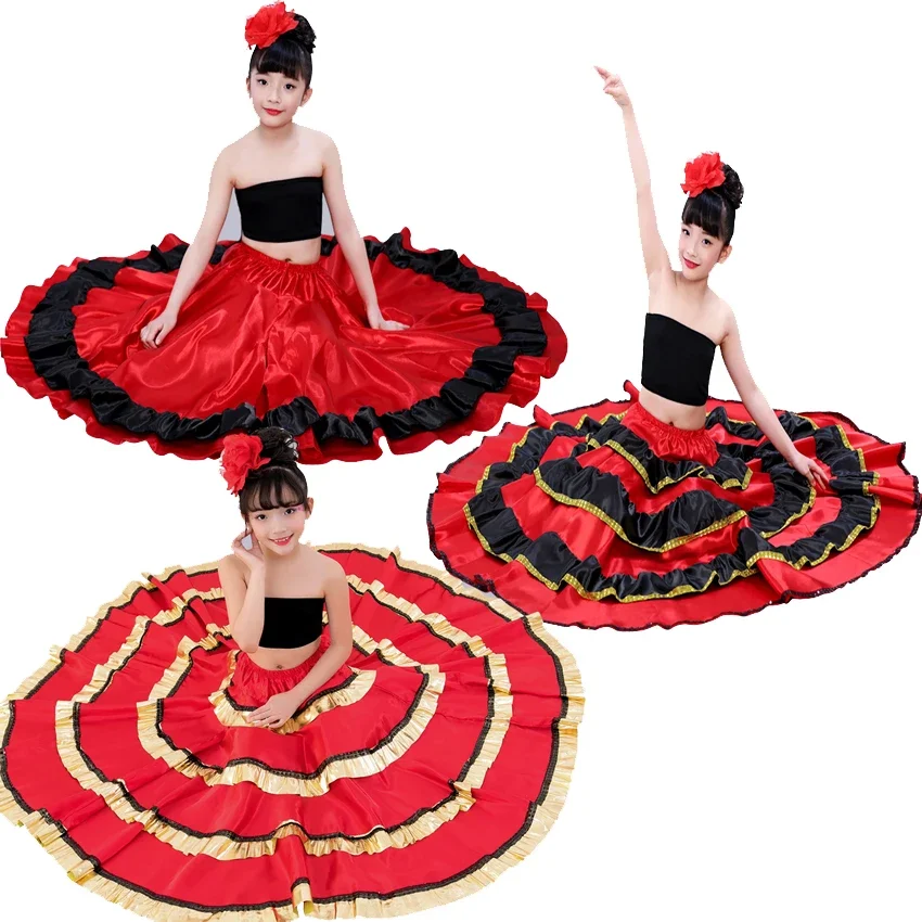 Spanish Traditional Flamenco Skirt Satin Smooth Plus Size Swing Skirt Dress Gypsy Style Princess Girls Belly Dance Costumes