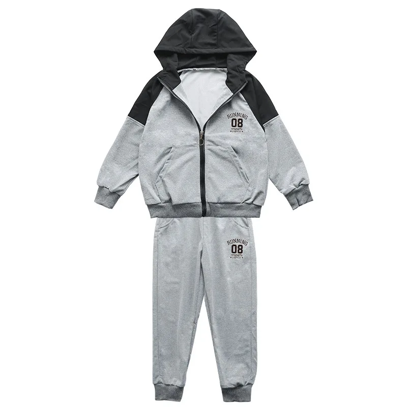Contrast Kids Jogger Set Baby Boys Workout Fleece Hoodie+Elastic Sweatpant Sets Full Zip Hooded Child Tracksuit for 4-14 Years