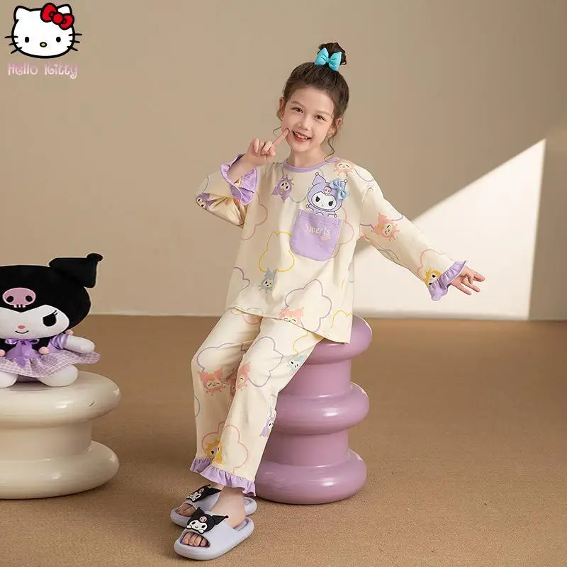 

Kuromi Children Melody Anime Lace Long Sleeved Pajamas Set Cartoon Kawaii Girls Sanrio Clothing Parent Child Style Home Clothing