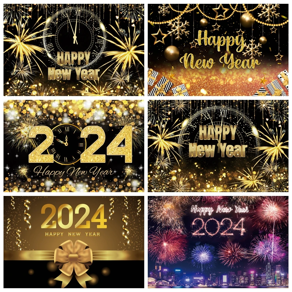 2024 Happy New Year Backdrop Countdown Night New Year's Firework New Year Christmas Party Photography Background Photo Studio