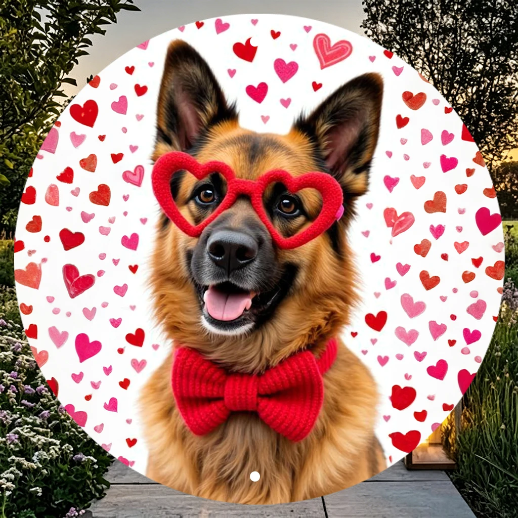 JIT 1-pc White heart confetti german shepherd with red bow tie cartoon print round metal tin sign wall decor, smooth lightweight panel, this unique metal tin sign suits entryway and lounge for long-term wall ornament, ideal decorative home lovers view 6