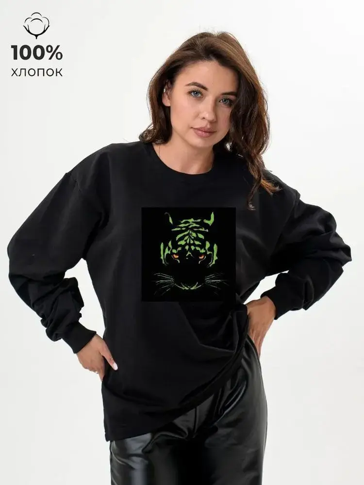 Sweat-shirt fin noir 100% coton, pull à col rond, T-shirt à manches longues, Punk Grunge tigre imprimé, haut ample et décontracté pour femmes