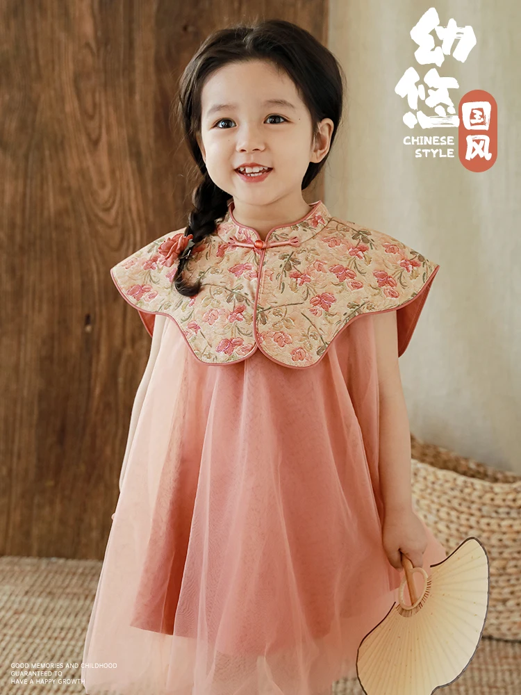 Girl's Flower Petal Cloud Shoulder Dress Summer Sweet Cute One Line Button Dress