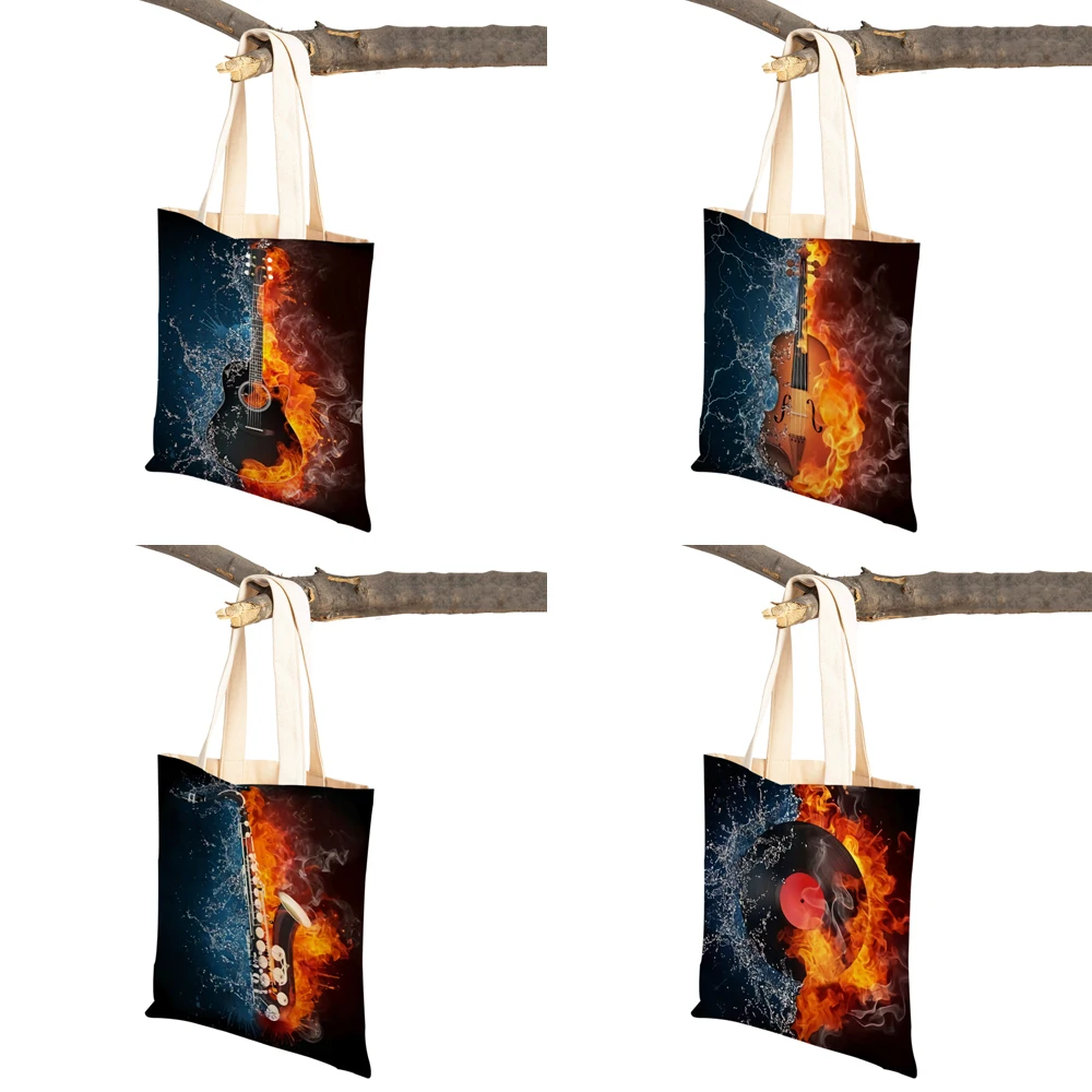 Fashion Music Note Tote Handbag for Women Guitar Microphone Violin Reusable Both Sided Print Casual Lady Canvas Shopping Bag