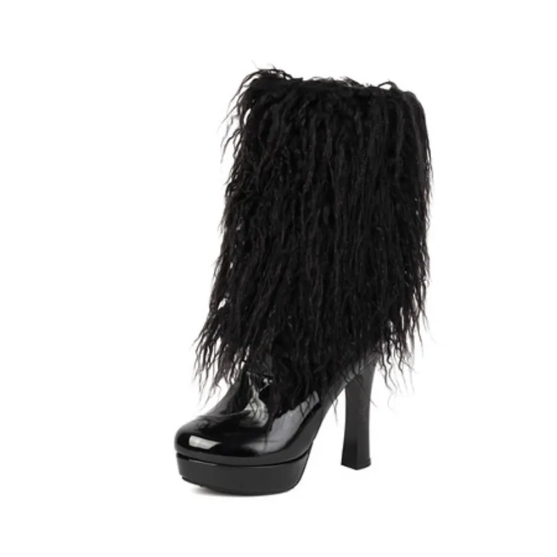 

Большие размеры, блестящая лакированная кожа, наклейка с кисточками, женские ботинки средней длины, милый стиль, молния сзади, модные ботинки на высоком каблуке