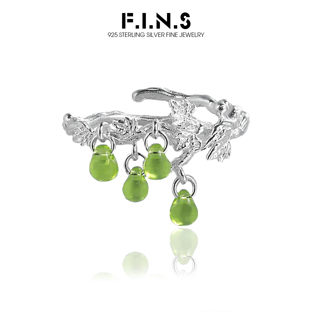 F.I.N.S Original Design Fruit Green Grape S925 Sterling Silver Ring for Women Green Glass Pendant Open Adjustable Finger Jewelry