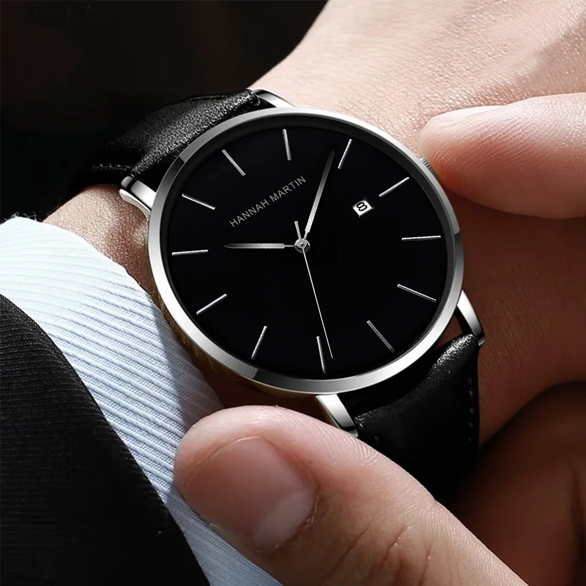 

HANNAH MARTIN Brand Hot Selling Quartz Watch for Men Business Genuine Leather Japanese Movement Black Fashion Waterproof Watches