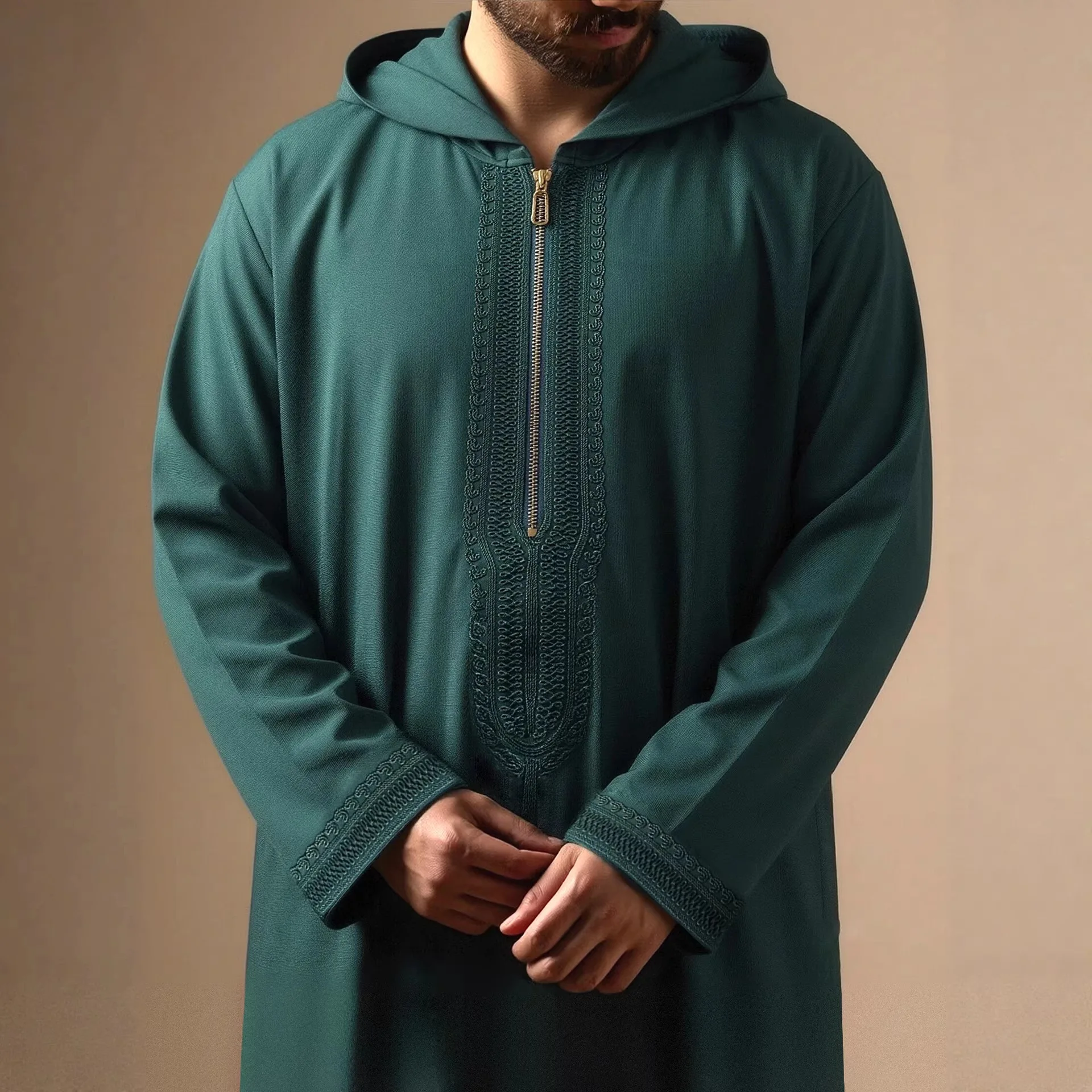 

2026 New Long-sleeve Corded Embroidery Men's Premium Hooded Robe With Side Pockets Robe Abaya Ramadan Dubai Luxury Islam Elegant