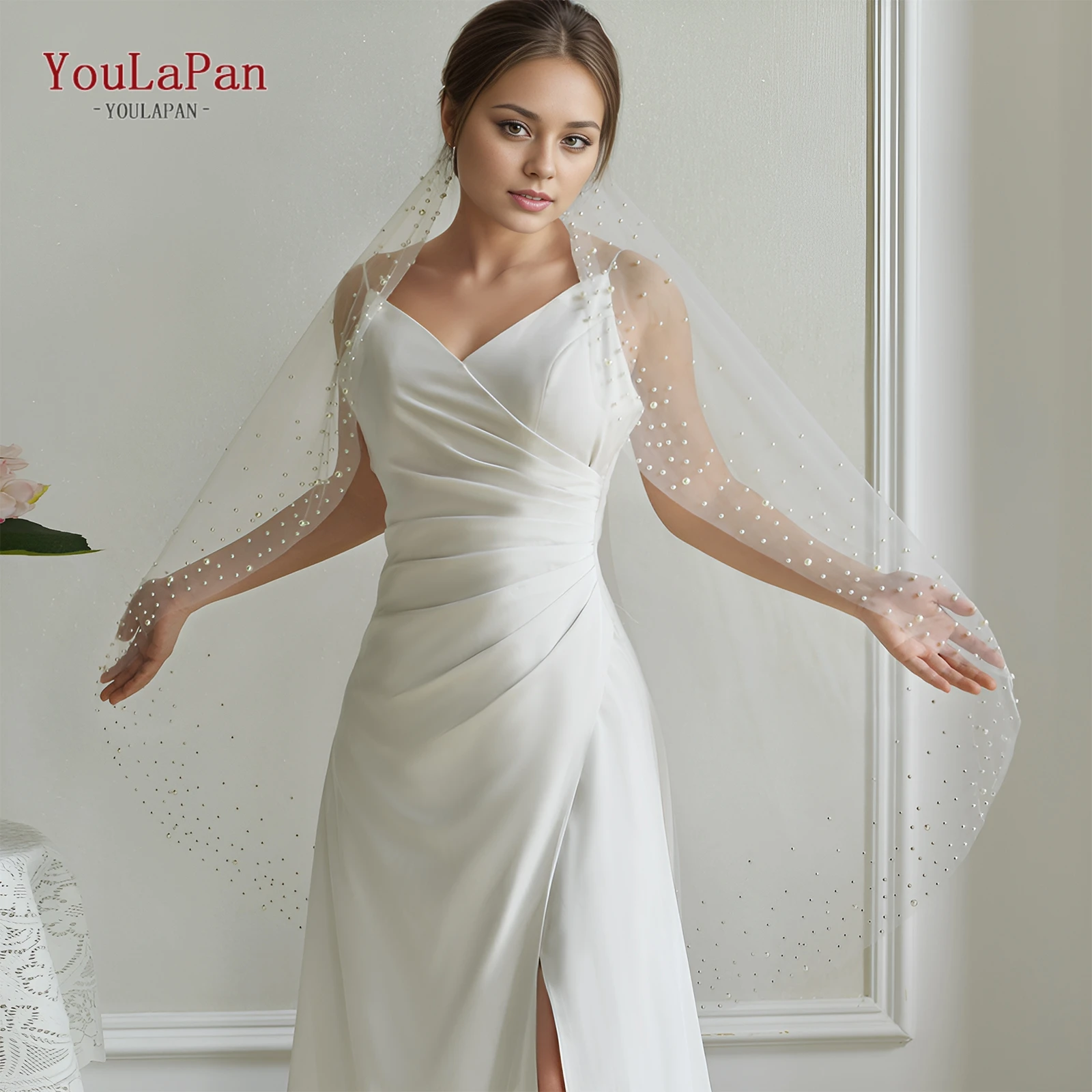 

YouLaPan V275 Классическая женская жемчужная вуаль на кончиках пальцев, однослойная свадебная фата с расческой и краем, вуаль для предложения подруги