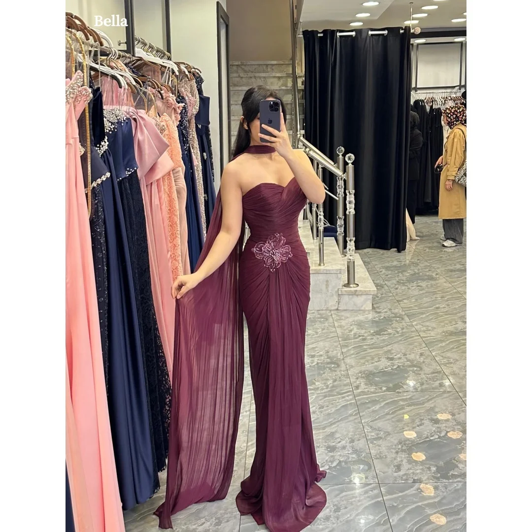 

Bella Customized burgundy halter strapless Prom Dress ruched tulle Party Dresses with sequin cape mermaid gown robes de soirée