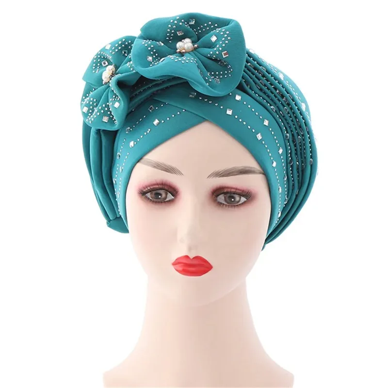 

Fashion African Autogele Headtie Nigeria Party Headgear Women Head Wraps Female Turban Cap with Diamonds
