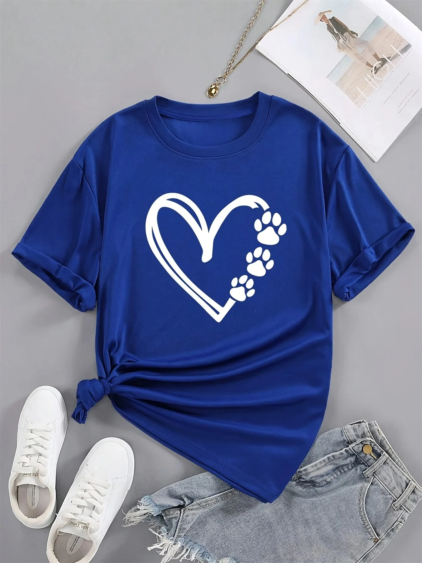 Heart-Shaped Love Pattern T-Shirt Short-Sleeved Round Neck T-Shirt, Women's Clothing
