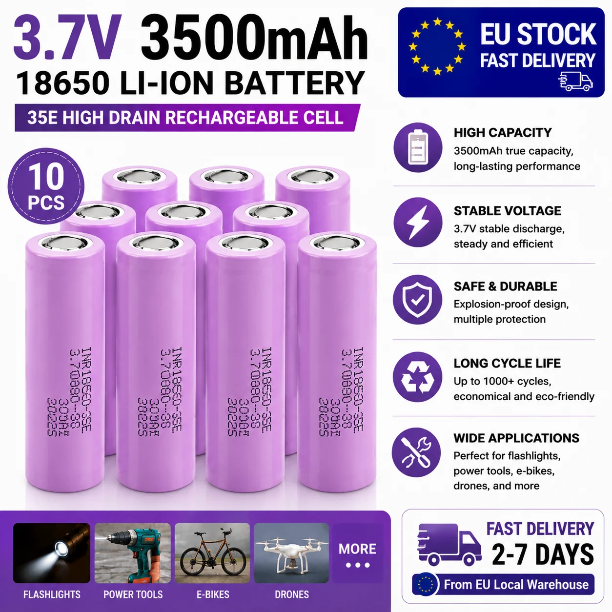 EU-Lagerbestand INR18650-35E 3,7V 3500mAh 20A Wiederaufladbare Li-Ionen 18650 Batterie