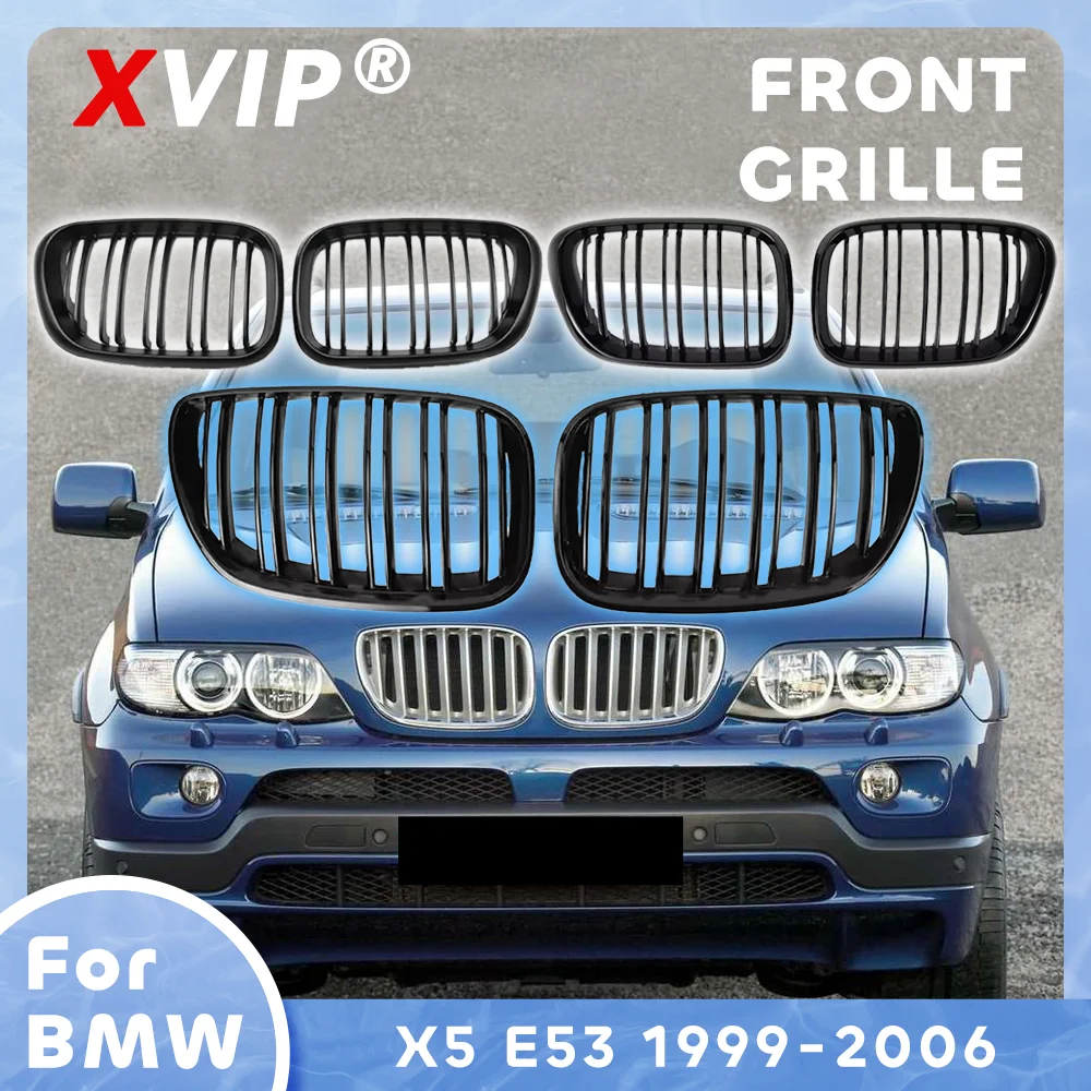 

XVIP Front Bumper Grille For BMW X5 E53 1999-2006 4D LCI Double Line Racing Dual Slats Kidney Grilles Glossy Matte Black SUV LCI