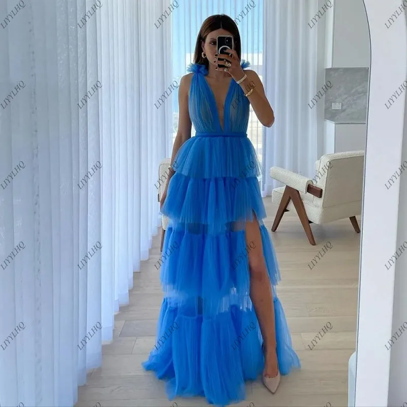 LIYYLHQ Blue Prom Dresses For Women V Neck Special Occasion Dress Tiered Tulle Side Split Graduation Dress Wedding Party Gown