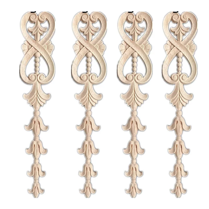 4PCS Wood Carving Natural Wood Appliques Door Furniture Cabinet Decorative Unpainted Wooden Mouldings Decal Vintage Home Decor