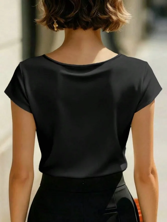 Women V-Neck Wrap-Front Short Sleeve Blouse with Ruched Detail Elegant Tailored Top for Office or Formal Occasions