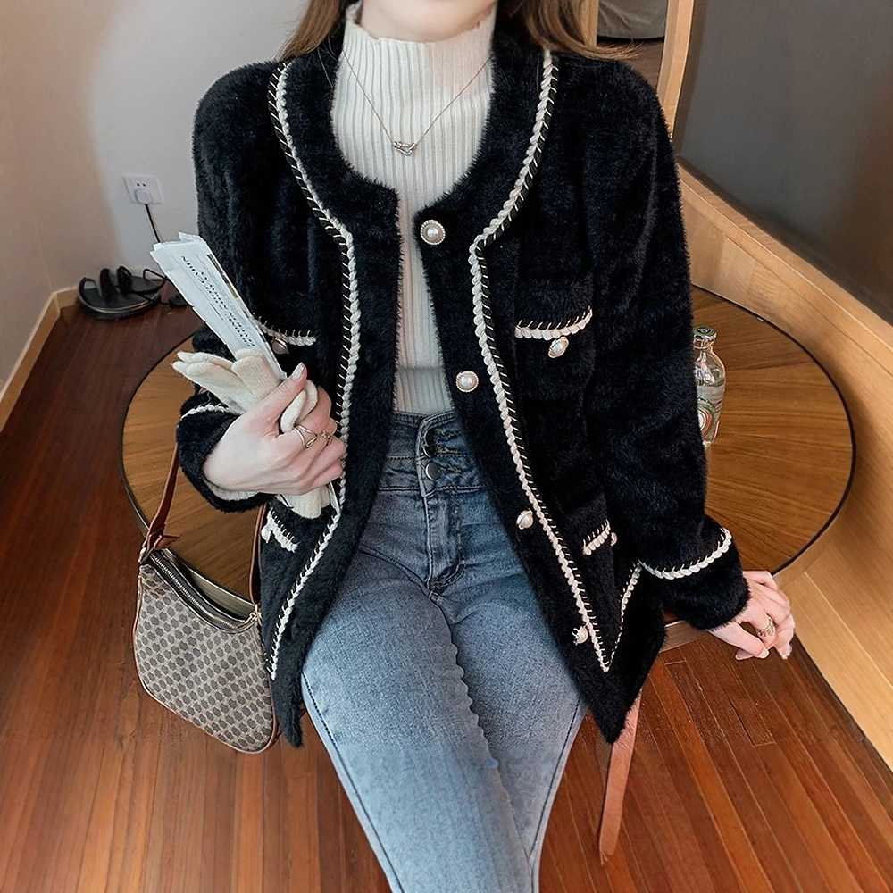 

Женский корейский кардиган контрастного цвета с длинным рукавом и круглым вырезом, повседневная одежда, осень-зима, однобортный модный кардиган с открытой передней частью