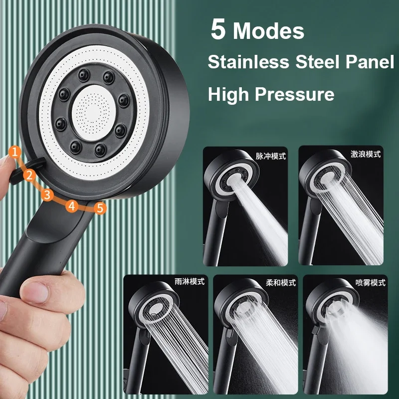 Black Silver Shower Head High Pressure 5 Modes Water Saving Nozzle Powerful Pressurized Spa Handheld Showers Bathroom Accessorie