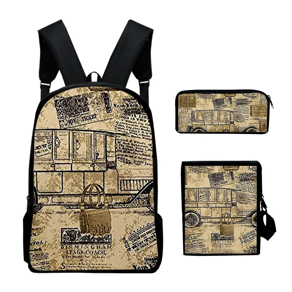 

Classic Cartoon Vintage newspaper 3D Print 3pcs/Set pupil School Bags Laptop Daypack Backpack Inclined shoulder bag Pencil Case