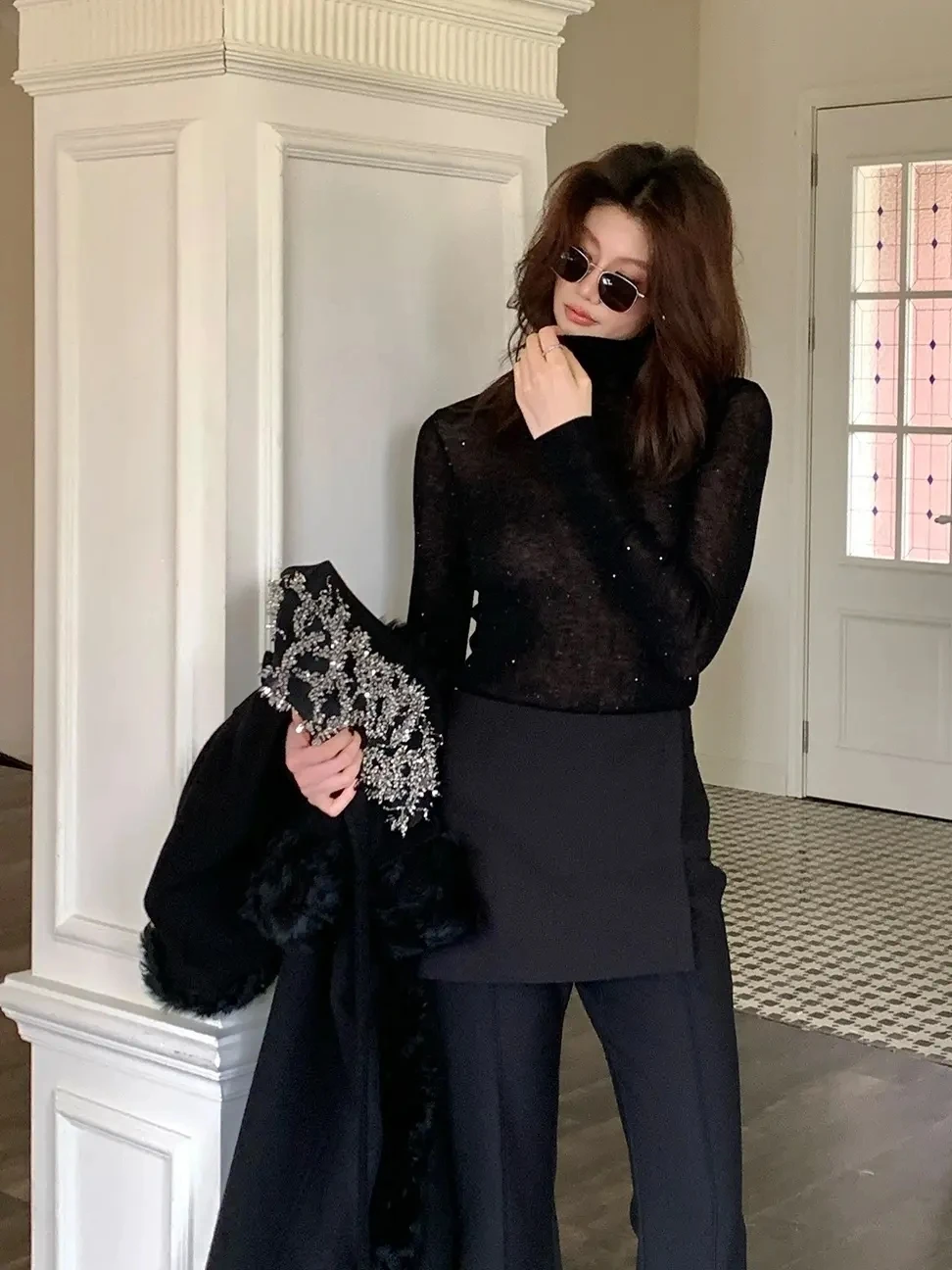 

Dragon Xi Er High-End 00 Soluble Wool Bead Knitwear Women iny Tead Micro Transparent Long Sve Base irt V442