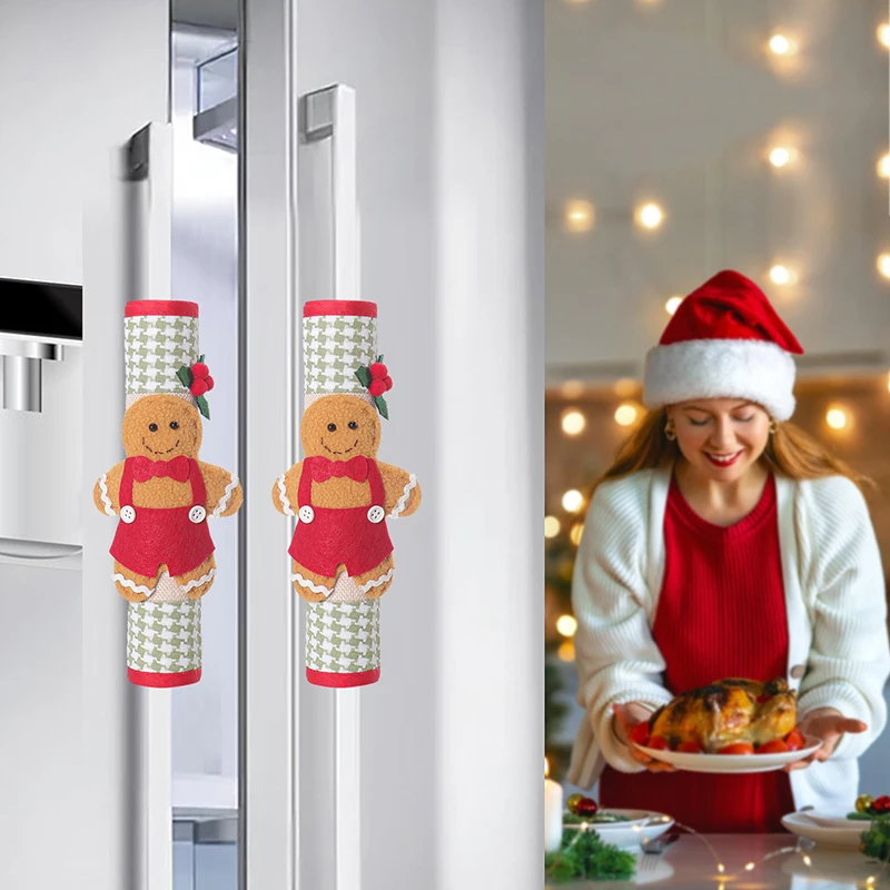 Set Of 2 Christmas Refrigerator Handle Covers-Christmas Gingerbread Man Kitchen Appliance Handle Covers For Refrigerator