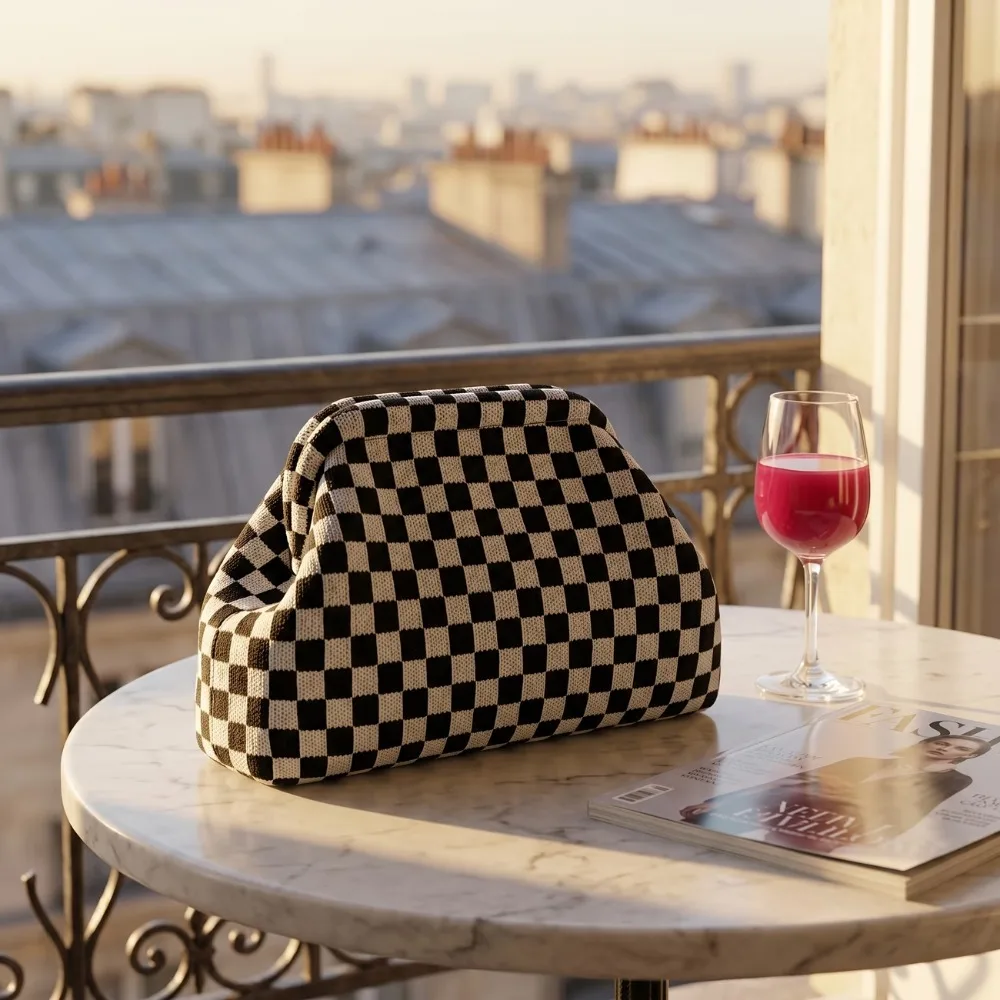 Retro checkerboard knit large-capacity multi-functional storage clutch bag - view 4