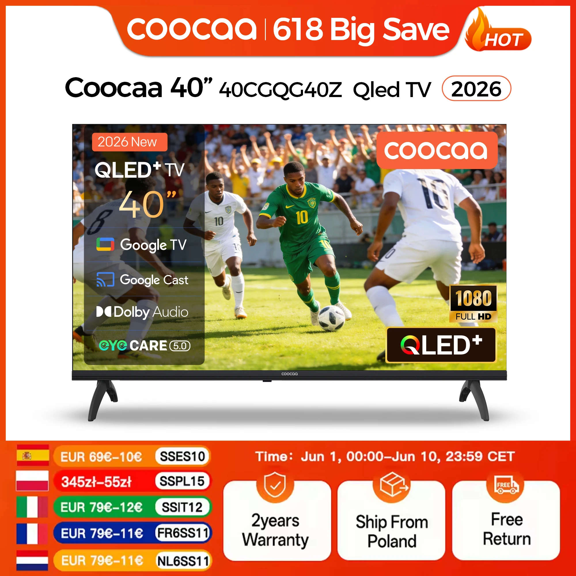 Coocaa TV QLED 40'', TV Full HD (1080p), Google TV Smart TV (Nouveauté 2026), HDR 10, Audio Dolby, Bluetooth 5.1, EyeCare