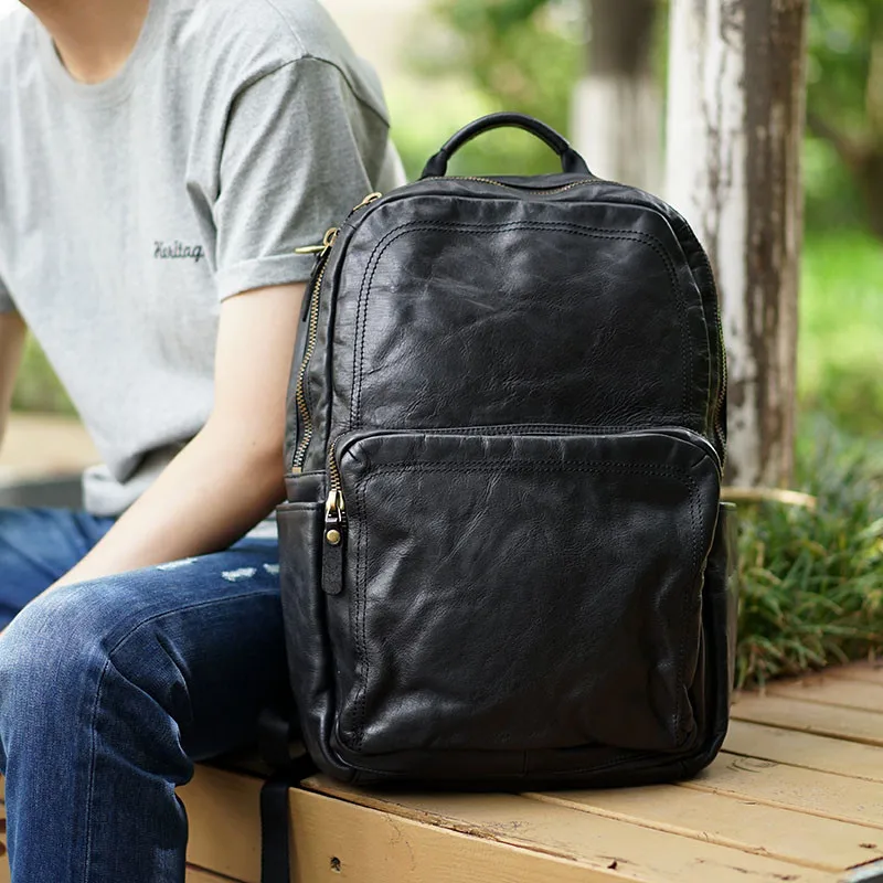 Outdoor travel high quality genuine leather men\'s black backpack weekend daily work laptop bagpack luxury real cowhide bookbag