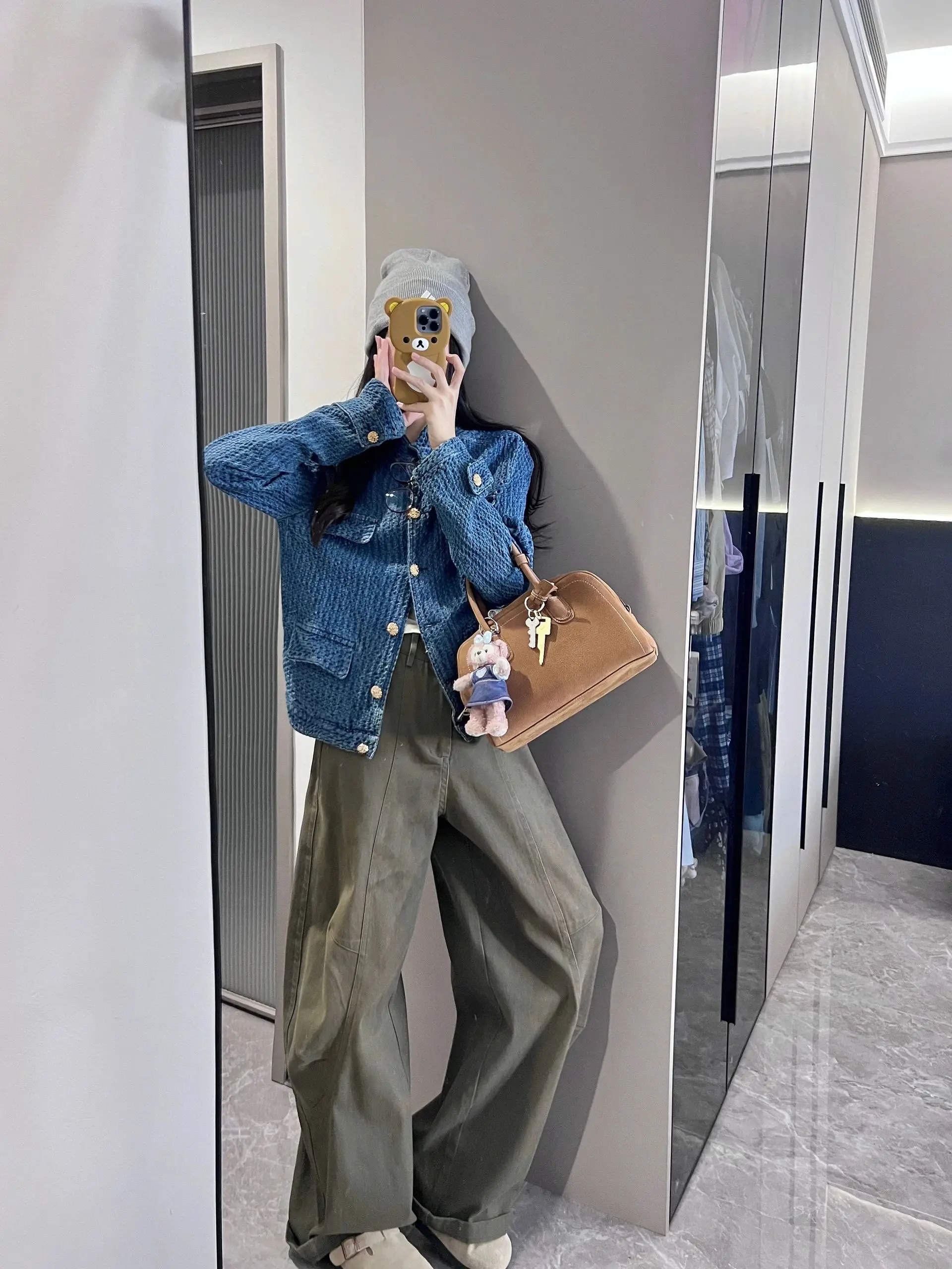 

Retro Denim Jaet Women's Autumn Design Sensation High-End Feeling Blue Stand Collar Jaet Top Sophistied Commute Sle