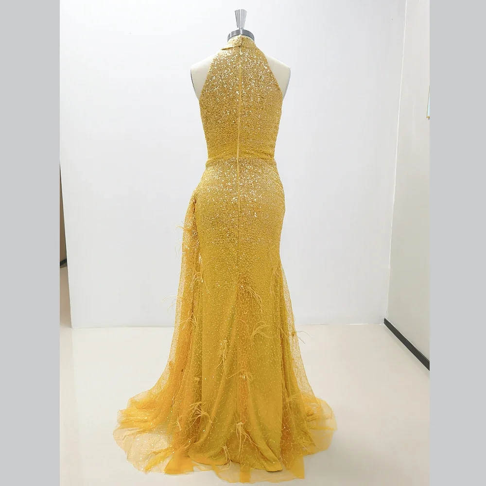 Shiny Sequined Yellow Evening Dresses Fashion Halter Feathers Mermaid Cocktail Prom Gowns Sweep Train Women Party Dresses