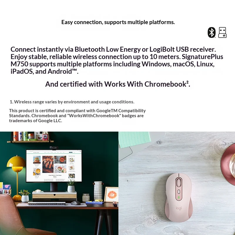 لوجيتك M750 ماوس لاسلكي تصميم مريح متعدد الأجهزة بلوتوث و2.4 جيجا هرتز نقرة صامتة للمكتب والمنزل والكمبيوتر المحمول