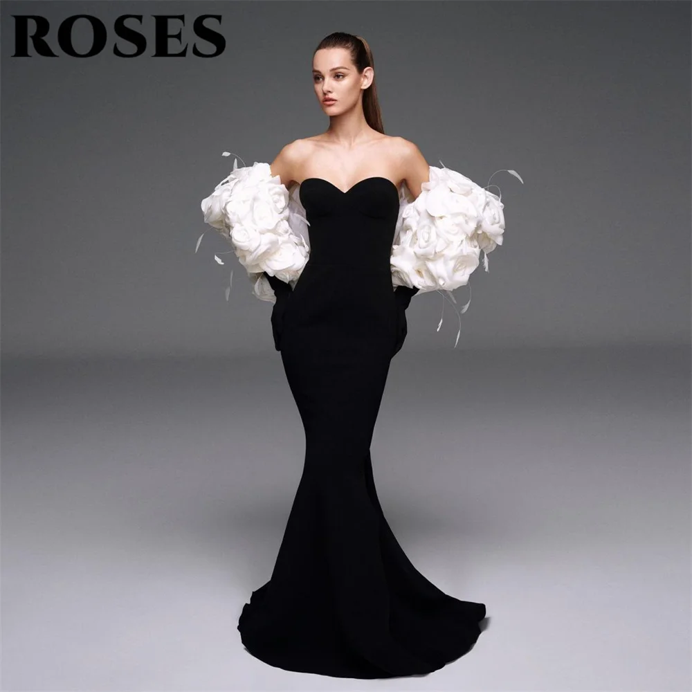 

ROSES Black Elegant Off Shoulder Prom Dress 3D-Flowers Party Dress Sweetheart Satin Mermaid Evening Dress for Woman Customized