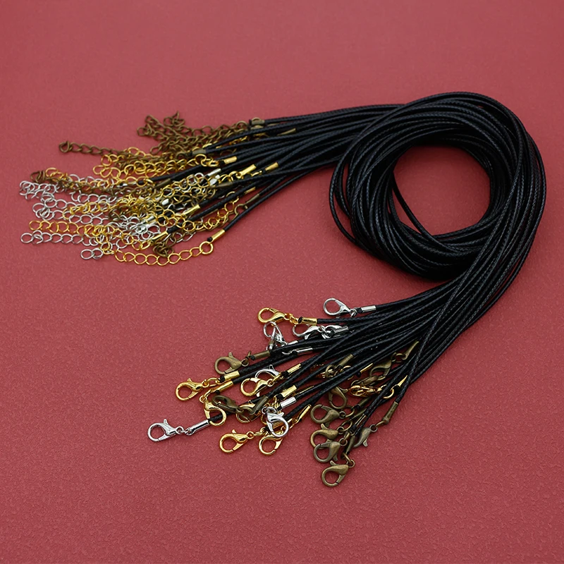 10/30pcs Black Wax Rope Necklace Chains 50cm Antique Bronze/Rhodium/Gold Lobster Clasp Adjustable Pendants Cords DIY Jewelry