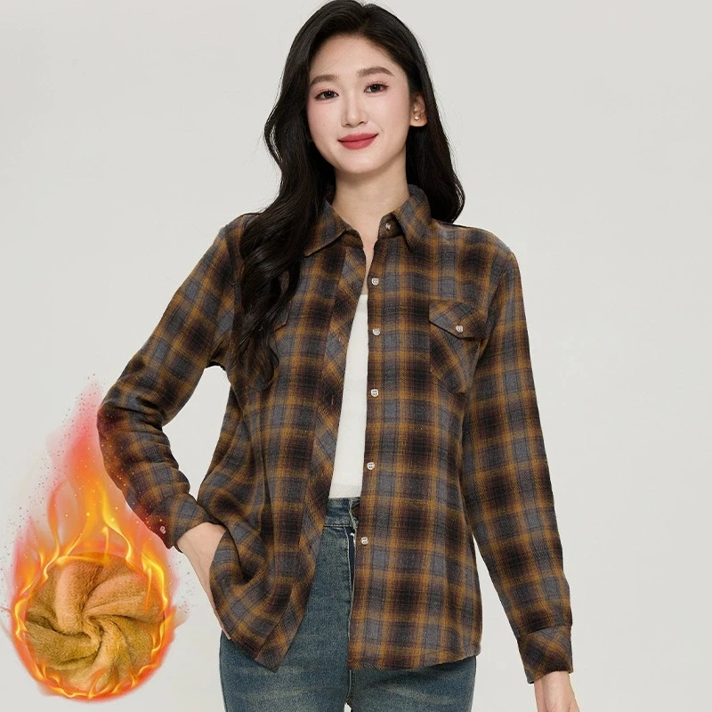 Vintage Brown Women Plaid Shirts Korean Fashion Slim Temperament Office Lady Shirt Jacket Autumn Winter Thick Fleece Outwear Top