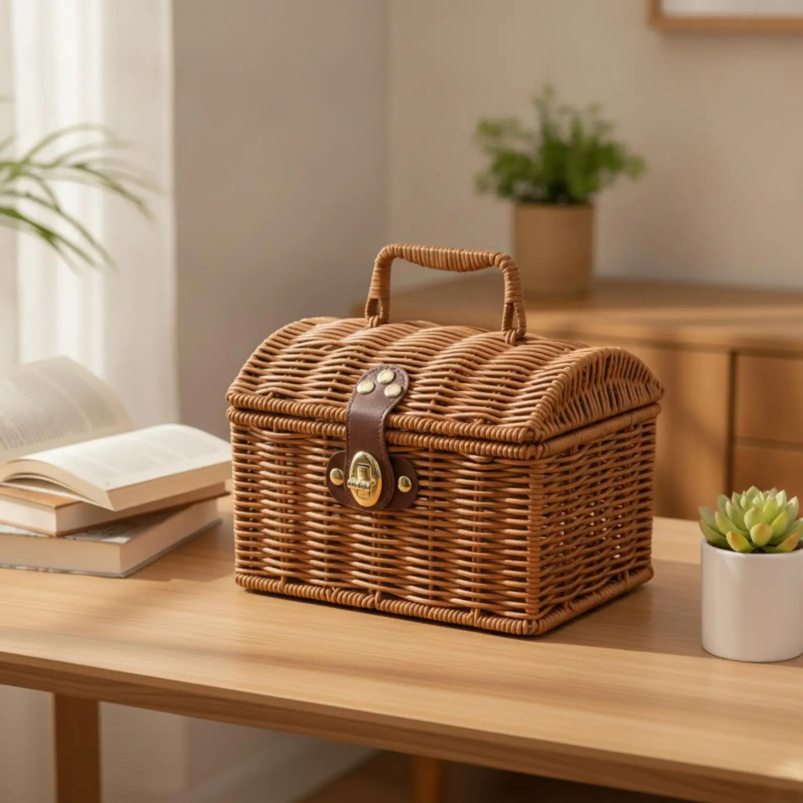 Handled Rattan Picnic Basket for Outdoor Scenic Outings Woven Storage Box with Clasp Closure view 6
