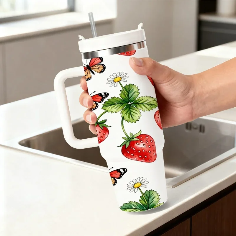 Stainless Steel 40Oz Insulated Tumbler, Watercolor Strawberry Butterfly And Daisy Digital Print, Durable Hot Cold Drink Cup for Daily Use, Outdoor Commute And Kitchen Dining