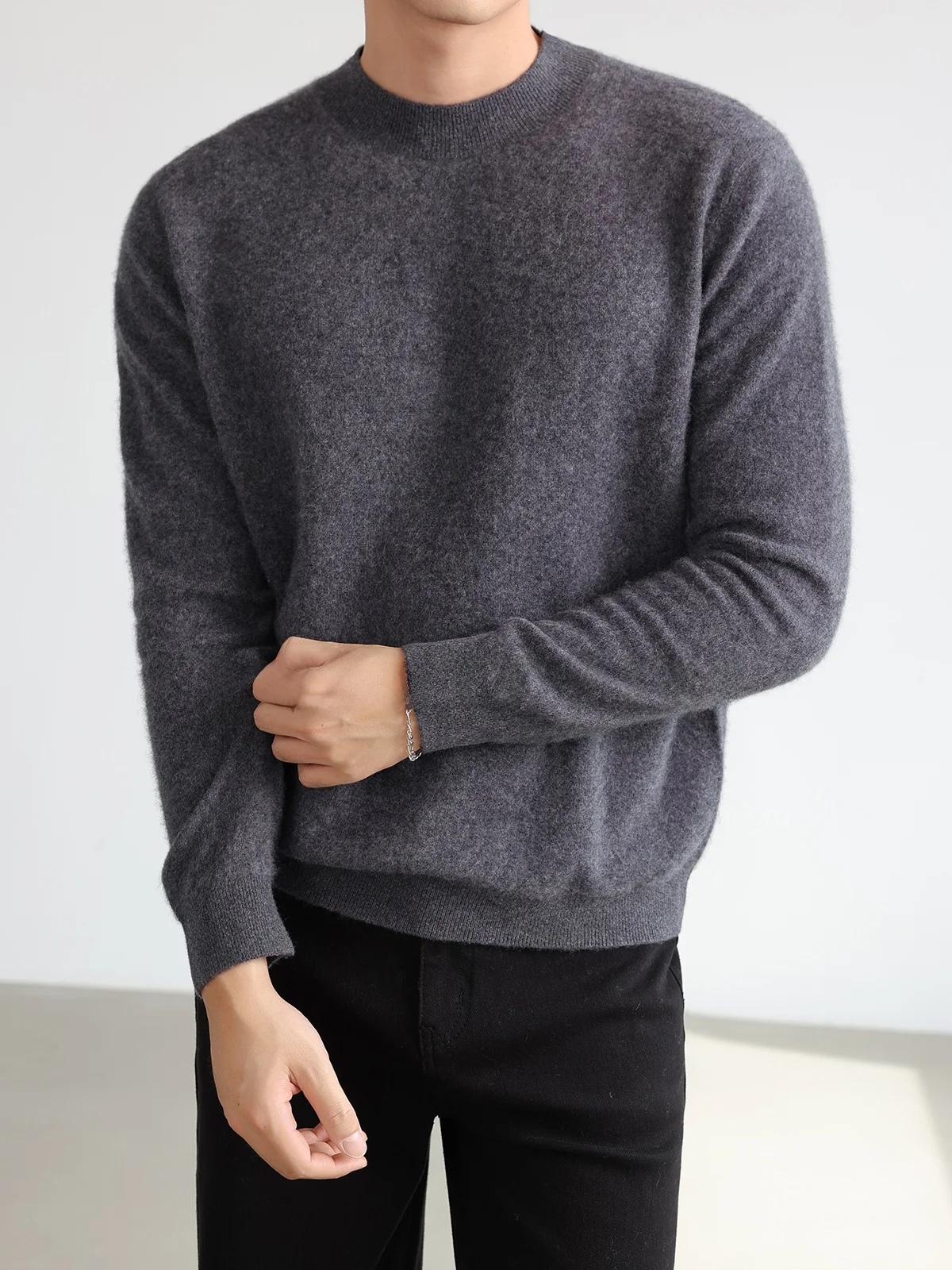Men's Cashmere Wool Blend Knitwear round Neck Elastic Casual Sweater Soft Cozy Autumn Winter Top Versatile Slim Fit Knitted S...