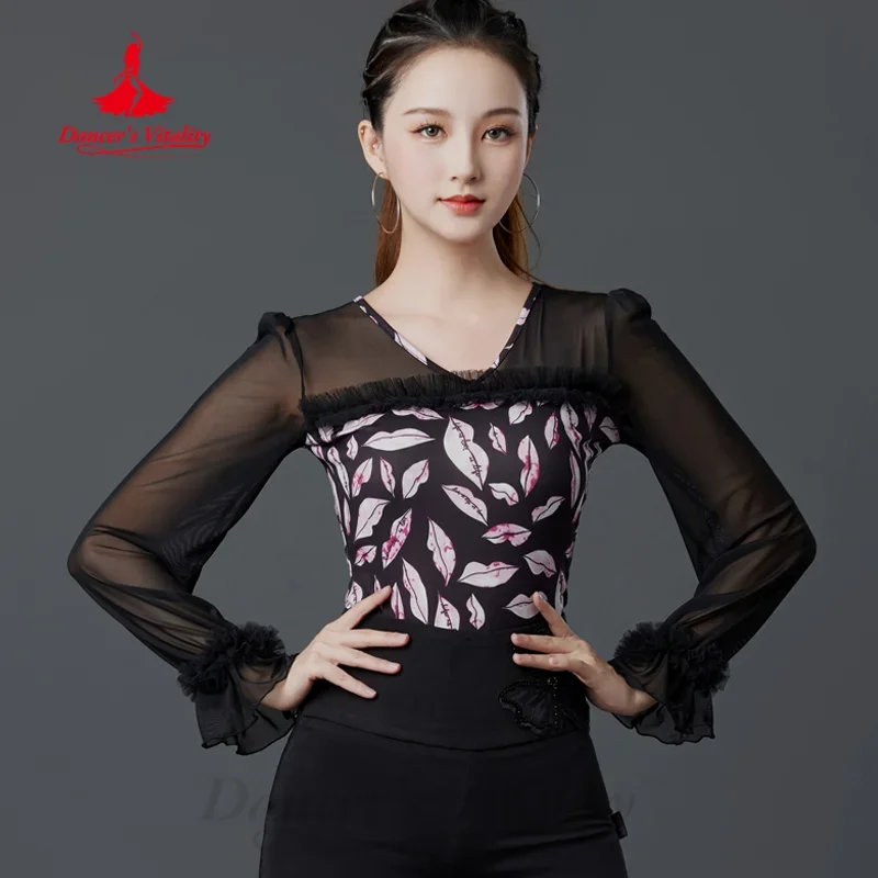 

Latin Dance Long Sleeved Tops Customized High End Printed Slimming Top Women's Tango Chacha Samba Professional Training Clothes