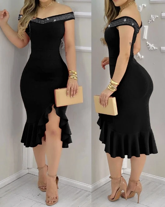 

Fashion Black Longdress with Clip Shoulder Diamond Embedding Design Ruffle Edge Hem Tight Wrap Hip Slim Fit Party Dress