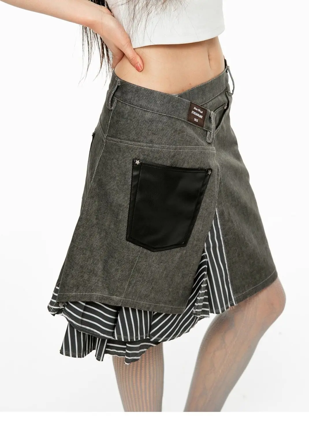 

Multi-Faceted Irregular Splicing Skirt Old Mid-Skirt Large Size High-Waisted Hot Girl Twill Denim A-Line Skirt