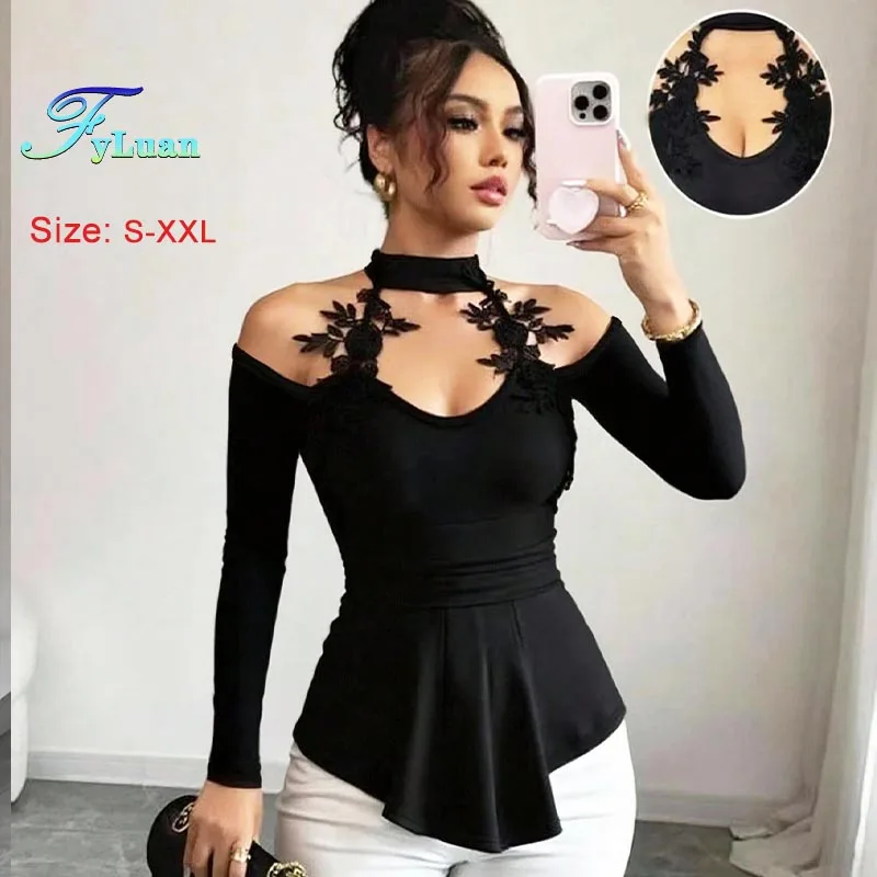 Outono inverno novas camisetas femininas pretas topos sexy oco fora do ombro manga longa topos friso bainha emagrecimento senhora topos