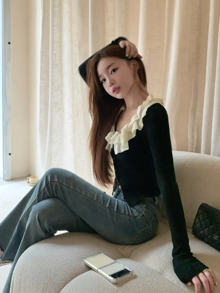 Ruffled Collar Cardigan Women Contrast Color Temperament Tender Office Lady Daily Simple Stylish Korean Style Long Sleeve Ins