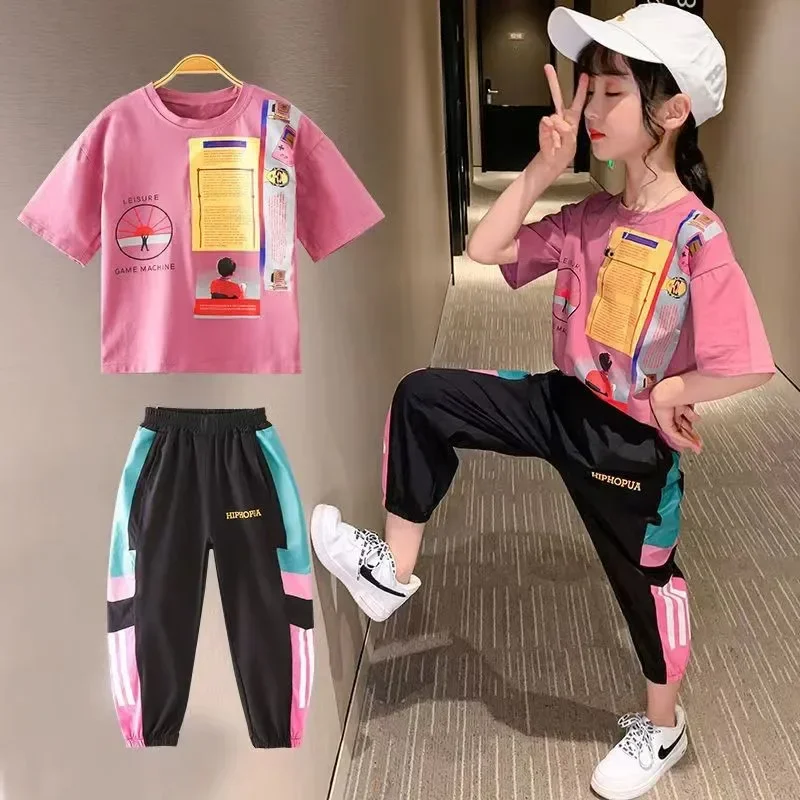 Girls Summer Short Sleeve Shirts+Full Length Pants 2pcs Sets Baby Boys Girls Teen Sports Suits 4 6 8 10 12 Year Kids Clothes