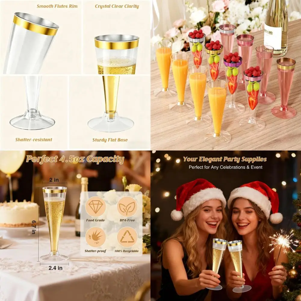 

Set of 200 Disposable Gold Rim Champagne Flutes, 4.5 Oz, for Weddings, Parties, and Celebrations