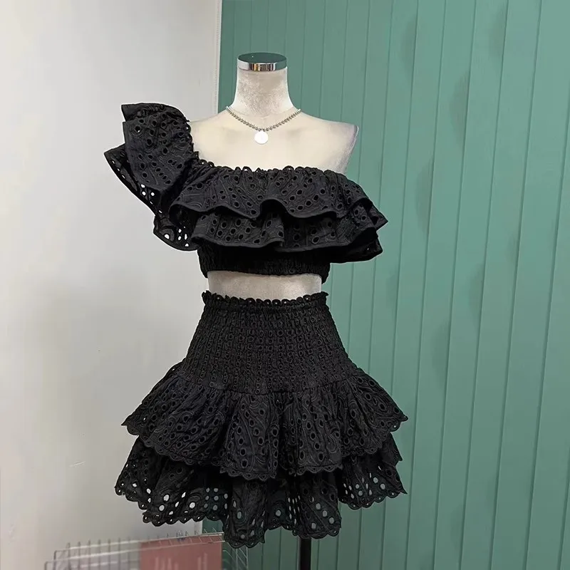 New Summer Holiday 2 Piece Set Sexy Women Off Shoulder Embroidery Ruffles Hollow Out Cotton Short Tops + Cake Mini Skirt Suits