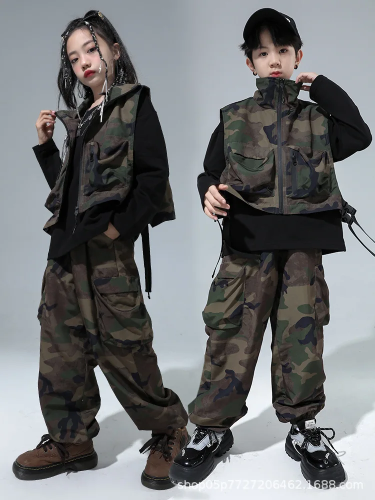 

2024 Loose Camouflage Vest Hiphop Pants Suit Children Clothing Girls Jazz Modern Dance Costumes Boys Hip Hop Streetwear DQS15530