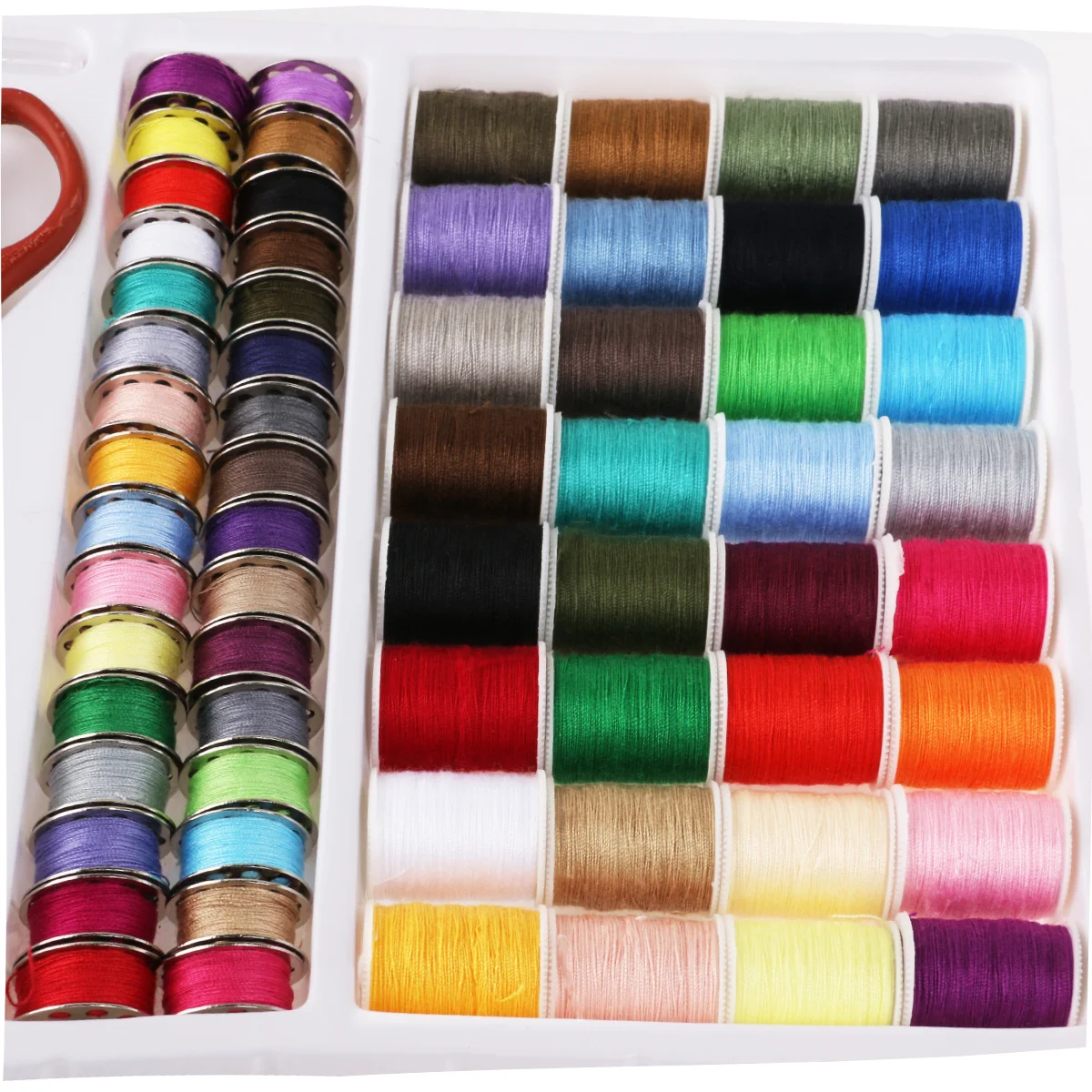 

100-in-1 Sewing Machine Needlework Box Essential Tool Kit 32 Thread Spools 32 Metal Bobbins 30 Needles Scissors Measuring Tape