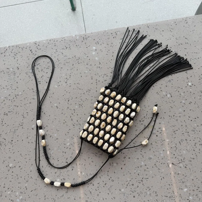 Fashion Stone Beaded Shoulder Bag Bohemian Tassel Crossbody Bags for Women Rope Crochet Beach Bag NEW Handmade Woven Bags Flap