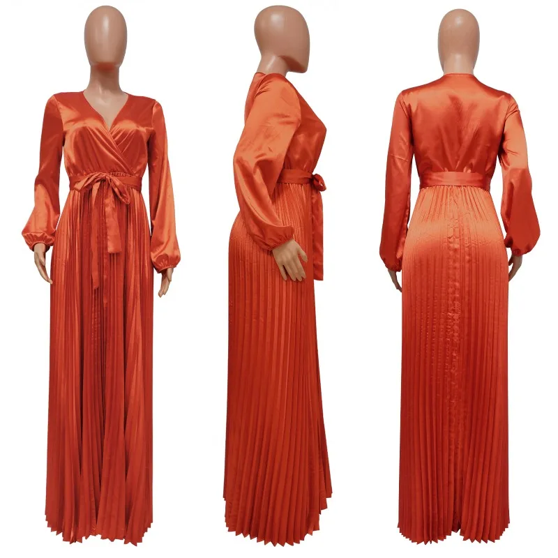 도이어르 긴소매 브이넥 새틴 드레스 여성 우아한 하이웨이스트 플리츠 A라인 클럽 파티 롱 드레스 (허리띠 포함) 여성용 로브